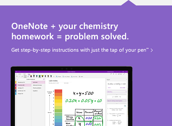 One Note + your chemistry homework = problem solved. Get step by step instructions with just the tap of your pen.