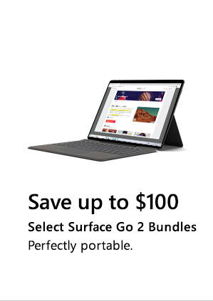 Save up to $100. Select Surface Go 2 Bundles. Perfectly portable. Image of Surface Go 2.