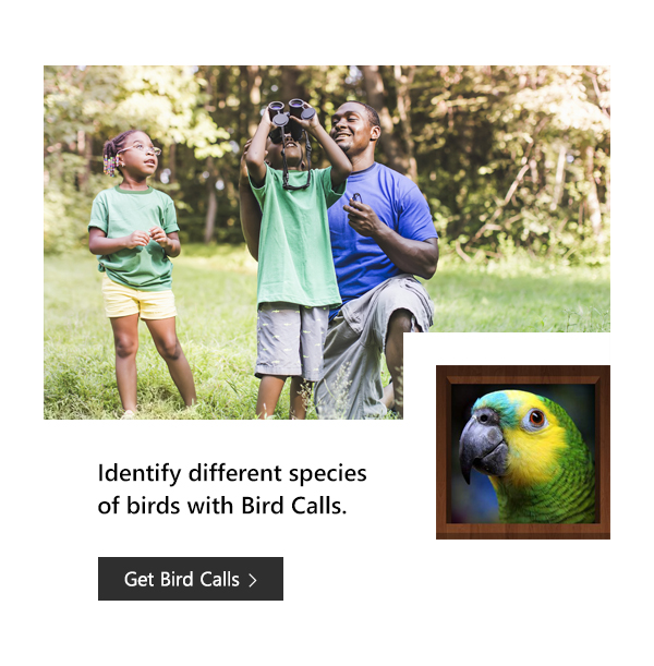Identify different species of birds with Bird Calls. Get Bird Calls. Image of father with son and daughter birdwatching and Bird Calls app icon.