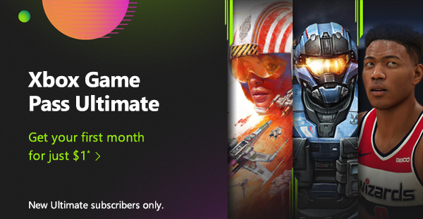 Xbox Game Pass Ultimate. Get your first month for just $1*. New Ultimate subscribers only. Collage of in-game images and galactic themed decoration.