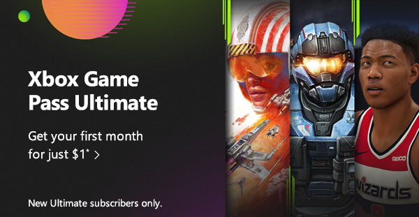 Xbox Game Pass Ultimate. Get your first month for just $1*. New Ultimate subscribers only. Collage of in-game images and galactic themed decoration.